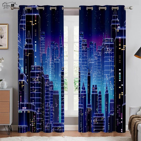 Nowoczesne Minimalistyczne Budynki Miejskie ZasłOny Drukowane 3D Widok Ulicy Widok Nocny Neon RęCznie Malowane Salon Sypialnia ZasłOny Na ZamóWienie W75Xh166(Cm)X2Pcs&Rod Pocket-image