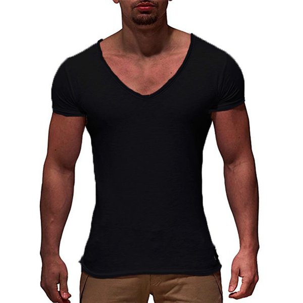 T-Shirt Z KróTkim RęKawem I Dekoltem W Serek Top Slim Muscle Casual T-Shirt MęSki 3XL Czarny-image