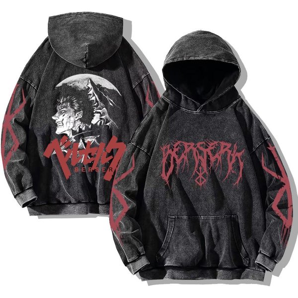 Sudaderas Anime Berserk Sudadera Lavada Vintage Sudaderas Estampadas Guts Ropa De Calle Hip Hop Harajuku AlgodóN Casual Jersey Con Capucha M-image