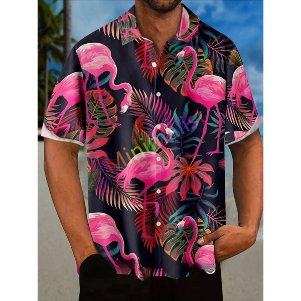 Camisa Con Estampado De Hojas Y Flamencos 2025 Para Hombre Camisa Hawaiana Casual Playa Manga Corta Tops De Moda Blusa Masculina Ropa De Verano 4XL-image