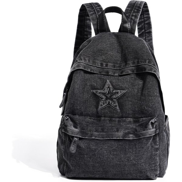 Mochila Nueva Ins Moderna Genial Mochila De Cinco Puntas Para Mujer Mochila Escolar De Tela Vaquera Lavada Retro Mochila PequeñA Para Estudiante Universitario Negro-image