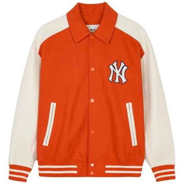 MLB SS24 New York Yankees Vintage Americano Estilo Universitario Bloque De Color Chaqueta Cardigan Botones Unisex Naranja 3AJPV0341-50ORD M White-image