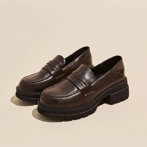 Mocasines De Suela Gruesa Estilo Vintage Para Mujer Zapatos De Primavera/OtoñO TacóN Grueso Cuero Suave Zapatos Individuales 36 Black-image