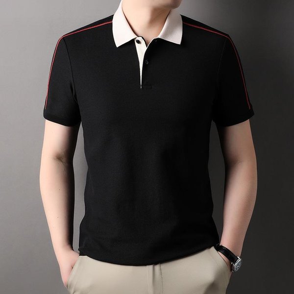 Camisa Polo De Negocios Para Hombre De Verano Nueva Camiseta Casual De Color SóLido Con Manga Corta Para Hombre De Mediana Edad Atractivo Xxxl Black-image
