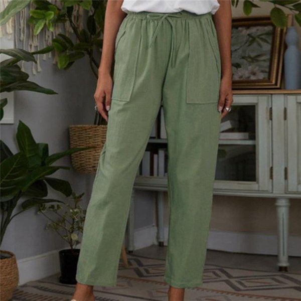 Pantalones De Lino Y AlgodóN Para Mujer, PantalóN Informal, Holgado, Con Bolsillos De Color SóLido, Cintura EláStica 5XL Black-image
