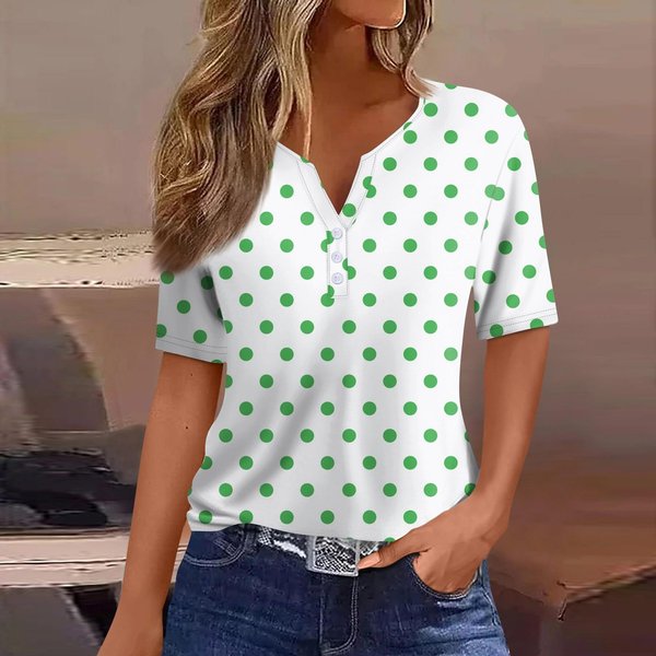 Camiseta Informal De Manga Corta Con Cuello En V Y Botones Decorativos Para Mujer, Con Estampado De Lunares En Color Liso Xxxl White-image
