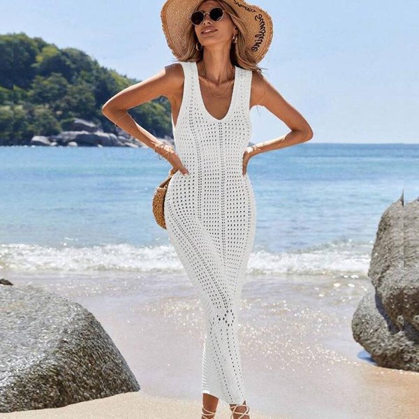 Nueva Falda De Playa Color SóLido Sexy De Punto Hueco Bikini De Playa Traje De BañO Vacaciones Vestido De Mujer M Black-image