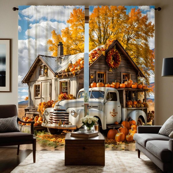 2 Piezas HD Vintage Cosecha De OtoñO Trasero Calabaza AutobúS CabañA De Campo Cortina Decorativa Amarillo Amarre Cortina Impresa Digitalmente Hogar De W52H63Inchw132H160Cm-image