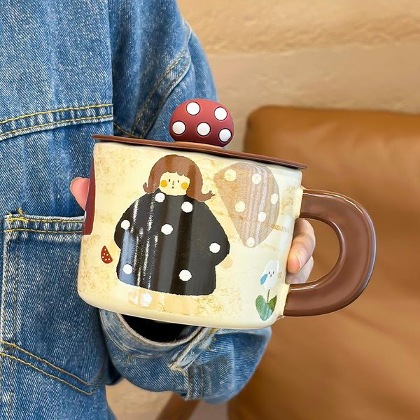 Kubek Ceramiczny Z Pokrywką, Kubek Z FalująCym Grzybem, Uroczy Kubek Do Wody, Domowy Kubek Ceramiczny, Kubek Do Kawy Dla DziewcząT 350ML Brown-image
