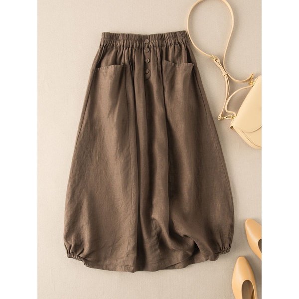 BawełNiana Lniana Damska SpóDnica Midi Wysoki Stan Kieszenie Guziki Dekoracja Szeroki Dół Linia A Casualowa SpóDnica Jesień Jednolity Kolor Retro SpóDnica 5XL Beige-image