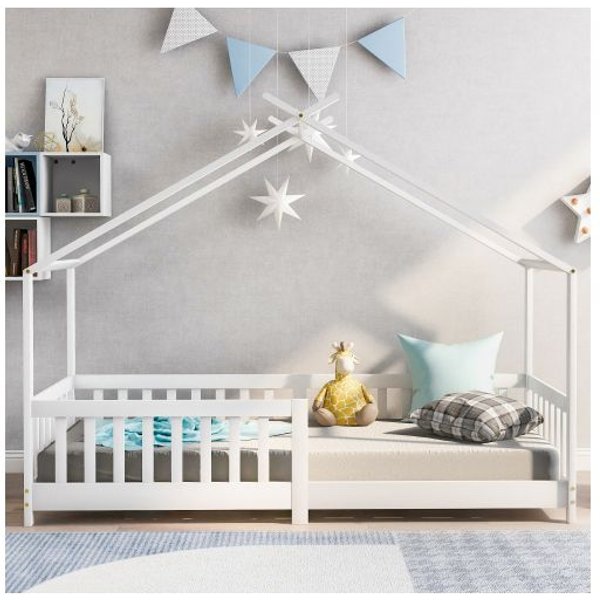 Cama Infantil - Muvoe - 90X200 Cm - Madera Maciza - Barandilla - Blanco Blanco-image