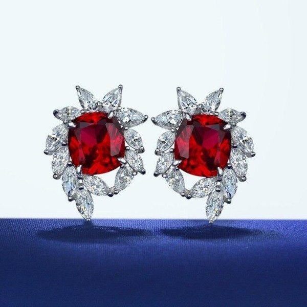 Pendientes De Plata De Ley S925 Pendientes De BotóN Para Mujer Boda SeñOras Lujo 10*11Mm Pendientes De JoyeríA De Diamantes Rojos De Alto Carbono Gray-image
