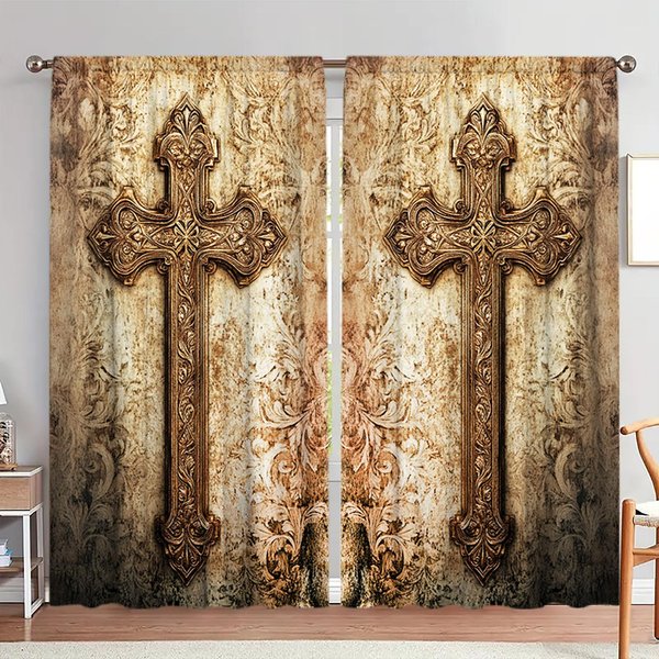 2 Szt. ZasłOna Z Nadrukiem Ilustracji Vintage Krzyż Do Dekoracji Domu - Kieszeń Na Karnisz, Dekoracja Okienna Do Sypialni, Biura, Kuchni 52.5Cmx116Cm X 2Pcs-image