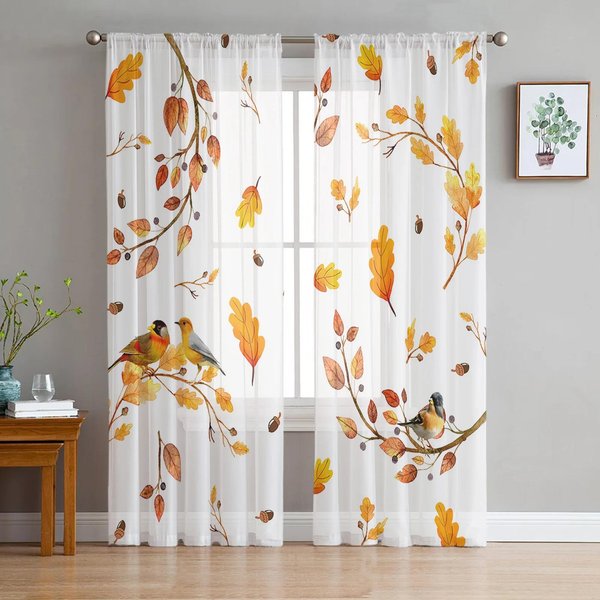 Cortinas Transparentes De Hojas De Arce CaíDas De OtoñO Para DecoracióN De Dormitorio Sala De Estar Cortina De Ventana Cocina Tul Voile Organza Cortinas W135 X H137Cm X1&Rod Pocket-image