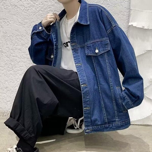 MęSka Oversize'owa Kurtka Jeansowa Casualowa Kieszeń Guziki Streetwear Okrycie Wierzchnie 4XL Kolor Ciemny Niebieski-image