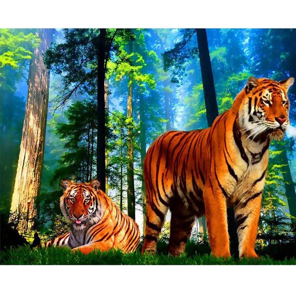 Kit De Punto De Cruz Bordado De Diamantes DIY Bosque Tigre Pintura De Diamantes Redondos Completos Mosaico DecoracióN Del Hogar 20X30CM-image