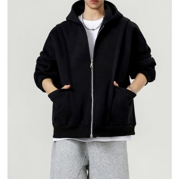 Unisex Bluza Z Kapturem Na Zamek, Podszyta Polarem, Oversize, Casual, MęSka, Damska, Jesień, Zima 2XL Black-image