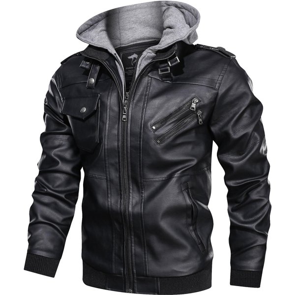 Chaqueta Slim De Color SóLido Con Capucha Desmontable Para Hombre OtoñO E Invierno Talla Grande Casual VersáTil Chaqueta De Cuero Estilo Locomotora Xxxxl Negro-image