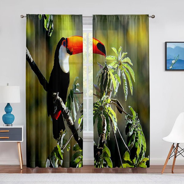 PáJaro Tropical TucáN Hoja De Palmera OcéAno Cortinas De Voile Transparentes Para Cocina Sala De Estar Dormitorio Cortinas De Tul Tratamiento De Ventana 1 PCS W100Xh250Cm&Grommet Top-image