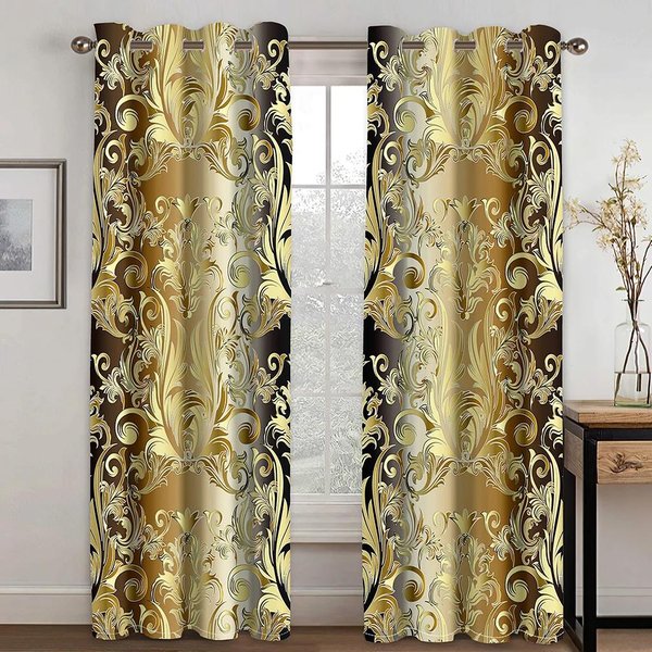 2 Cortinas De PoliéSter Con Estampado Barroco Abstracto De Lujo Dorado Para Dormitorio, Oficina, Cocina, Sala De Estar, Tratamiento De Ventanas, DecoracióN Del Hogar W60 X H150(Cm)X2&Grommet Top-image