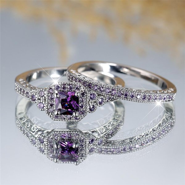 Anillos Cuadrados De Lujo De Piedra ZircóN Cristal PúRpura Para Mujer Color Vintage Alianza De Boda JoyeríA Nupcial Regalo De Compromiso 13 Gray-image