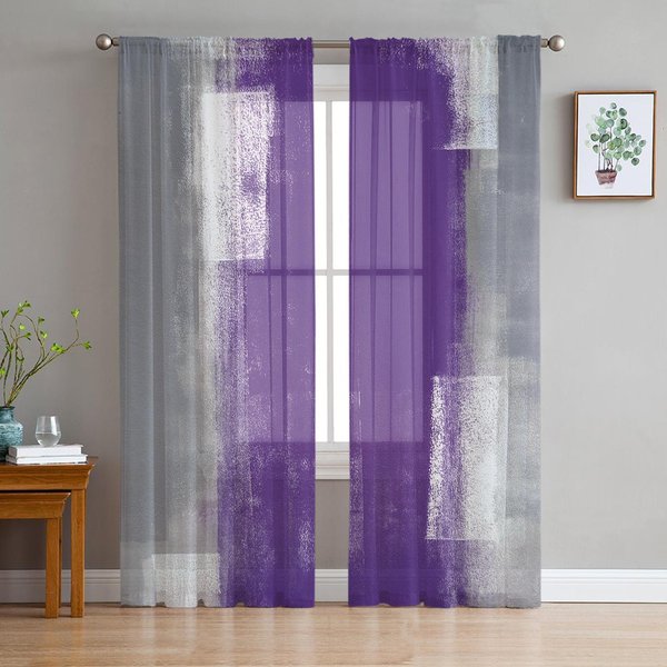 Cortinas Voile Transparentes Con Textura De Arte Abstracto Gris PúRpura Para Ventana De SalóN, Cortina De Tul De ChifóN, Cortinas Para Cocina, Dormitorio, DecoracióN Del Hogar 135W X 114H(Cm) Gray-image