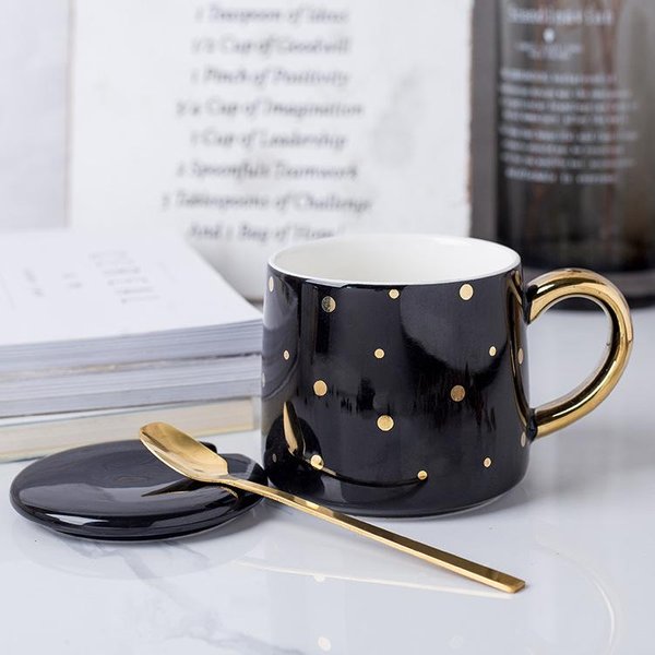 Taza De CeráMica Creativa NóRdica En Blanco Y Negro Con Tapa Taza De Café GeoméTrica Para Oficina Taza Para Beber Agua De Aspecto Sofisticado 301-400Ml-image