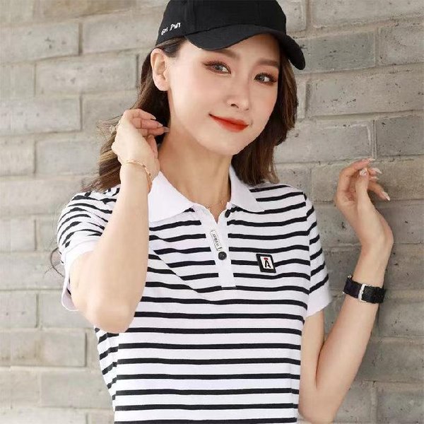 Nueva Camiseta De Verano A Rayas De Manga Corta Para Mujer Talla Grande Holgada Deportiva Con Cuello Camisero Solapa Camisa Polo 5XL White-image