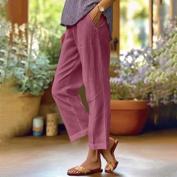Damskie BawełNiano-Lniane Spodnie Casual Z Elastycznym Pasem I Kieszeniami 3XL Pink-image