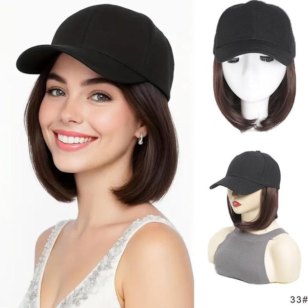 Peluca De Sombrero Pelo Corto Liso Bob Con BéIsbol Para Mujer Pelucas De Pelo SintéTico Resistente Al Calor Con Sombrero Ajustable Beige-image