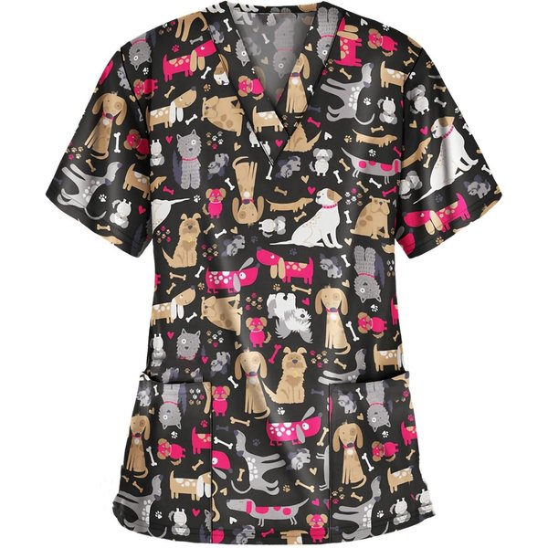 Uniformes QuirúRgicos Mujer Scrub Cuello En V Manga Corta Tops Uniformes MéDicos Para Mujer Uniformes ClíNicos Para Veterinarios Lindo Estampado De Dibujos Animados De Cachorro L-image