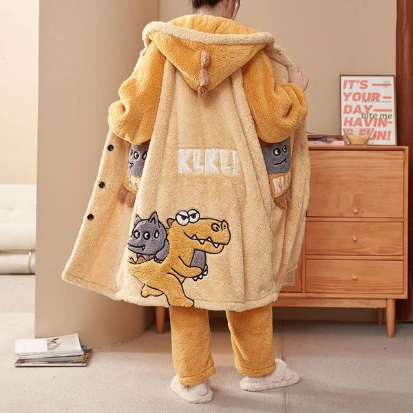 Damski Zimowy Szlafrok Kimono Pas PiżAma PiżAma PiżAma Flanelowa Plus Size Ubrania Domowe Damskie PiżAmy L Beige-image
