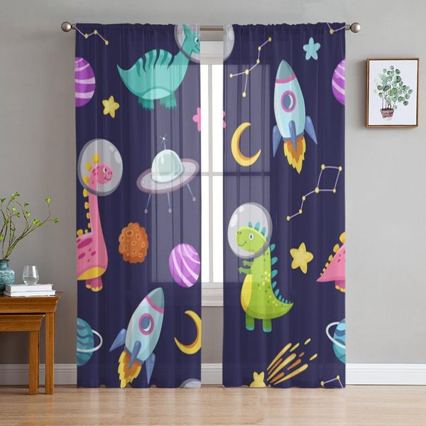 Cortinas Transparentes De Tul Para Sala De Estar, Ventana, Dormitorio, Cocina, DecoracióN, Cortinas De Velos, Cohete, Nave Espacial, Dinosaurio, Luna 135W X 114H(Cm) Blue-image