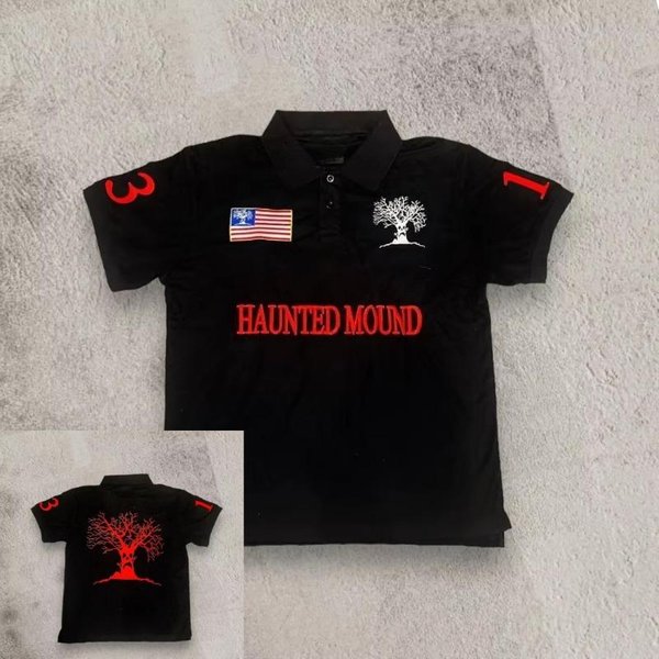 Haunted Mound Koszulka Polo Ameryka Retro Ulica Hip Hop KróTki RęKaw Y2K MęSka Codzienna Haft BawełNiany Top Odzież Baseballowa 2XL Gray-image