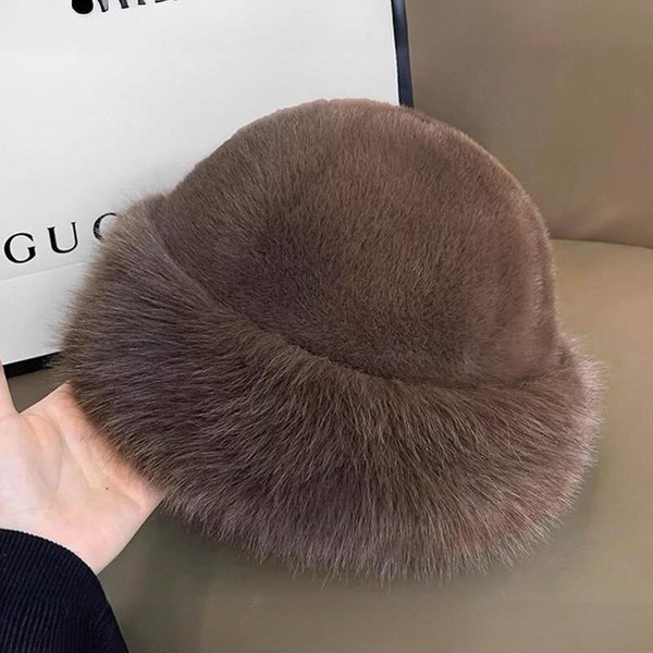 Czapka Zimowa Dla Kobiet Ze Sztucznego Futra, Puszysta Czapka Typu Bucket Hat Dla Kobiet, Luksusowa, Pluszowa, Pogrubiona, śNieżNa Czapka Typu Bucket Hat, MięKka Czapka Typu Panama 56-58Cm Black-image