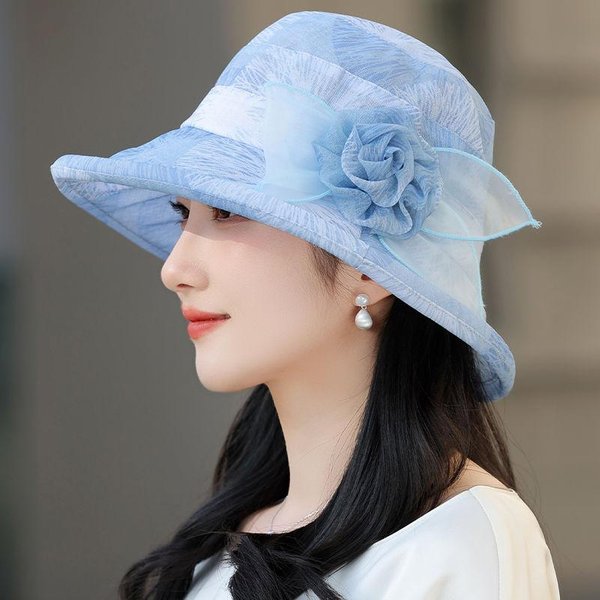 Sombrero Fino Para ProteccióN Solar Y Sombra De Verano, Sombrero De Pescador Con Flores Transpirable. Average Size Azul Claro-image