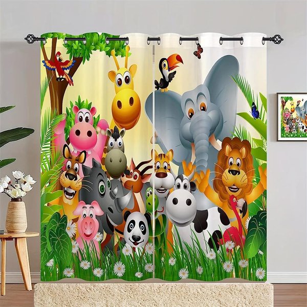 Animales De Safari Dibujos Animados Selva Bosque Cortinas Persianas Para Sala De Estar HabitacióN Infantil BañO Cocina Puerta DecoracióN Del Hogar 2 Piezas W65X60H(Cm)X2Pcs&Grommet Top-image