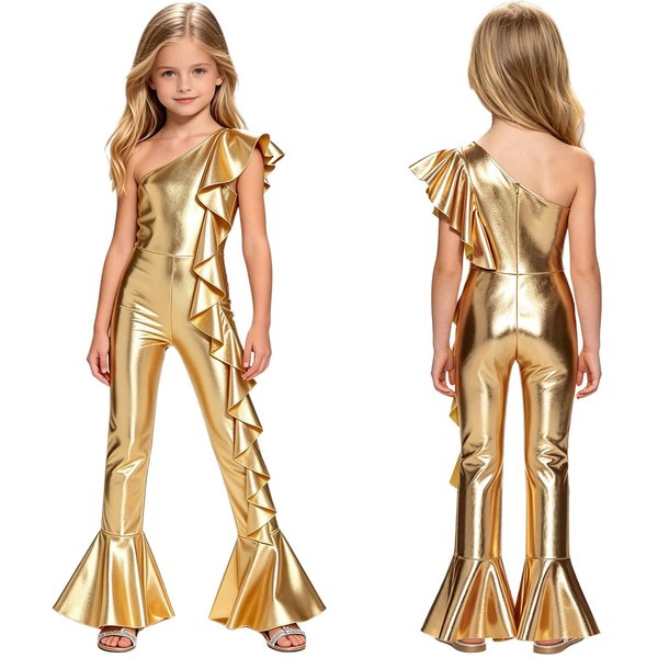 Mono De Fiesta Disco MetáLico Brillante De Un Solo Hombro Para NiñAs Sin Mangas Con Volantes Laterales, PantalóN De Campana, Mono, Mono, Ropa De Calle 8 Blue-image