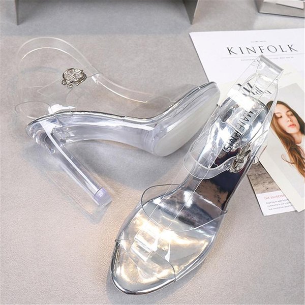 Sandalias De Verano Para Mujer Tacones Altos De 11Cm Plataforma De 2Cm Sandalias Dama Tacones De Bloque Transparentes Con Tiras Sandalias Antideslizantes Zapatos Plateados Transparentes 40 White-image