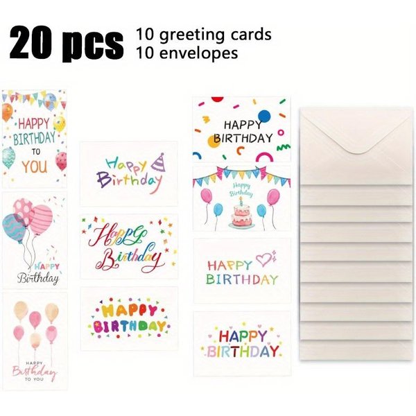 1 Juego De 20 Tarjetas De FelicitacióN De CumpleañOs Con Deseos Sencillos De Feliz CumpleañOs En IngléS, 10 Tarjetas De FelicitacióN, 10 Sobres, Tarjetas De DecoracióN Para Fiestas 20Pcs-image