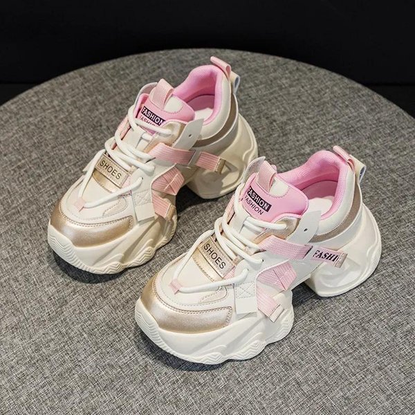 7Cm SkóRa Naturalna Wulkanizowana Wiosna Jesień Casualowe Platforma Koturnowe Grube Sneakersy Konturowane Modne Wysokie Obcasy Damskie Buty 39 RóżOwy-image