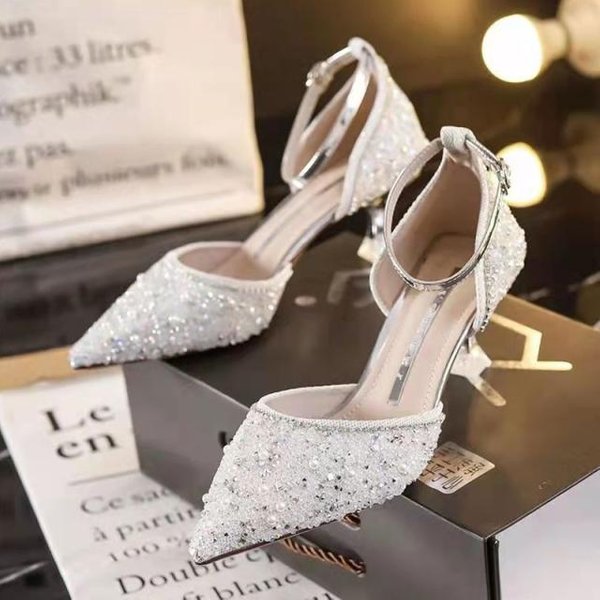 Rimocy Bling Shing Damskie CzółEnka Nowe Paski Na Kostce KryształOwe Wysokie Obcasy Buty Damskie Szpiczaste Noski Cienkie Obcasy Buty ŚLubne I Imprezowe 35-image