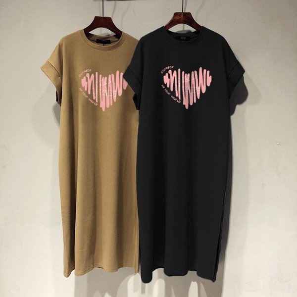 Nueva Camiseta De AlgodóN De Manga Corta Falda Vestido Para Mujer Amor Holgado Casual Talla Grande Manga De Vuelo Vestido Largo XL Negro-image