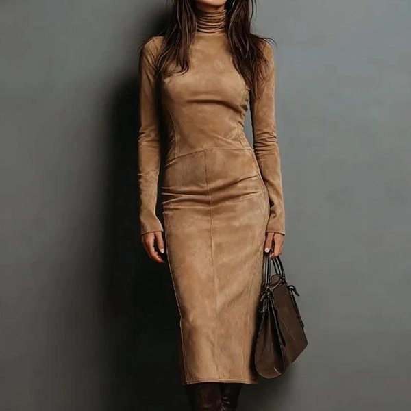 Kobiety Elegancka Sukienka Party O Dopasowanym Kroju Z DłUgim RęKawem Jesienna Patchworkowa Vintage Prosta Sukienka Maxi Golf Casualowa Sukienka Damska S Khaki-image