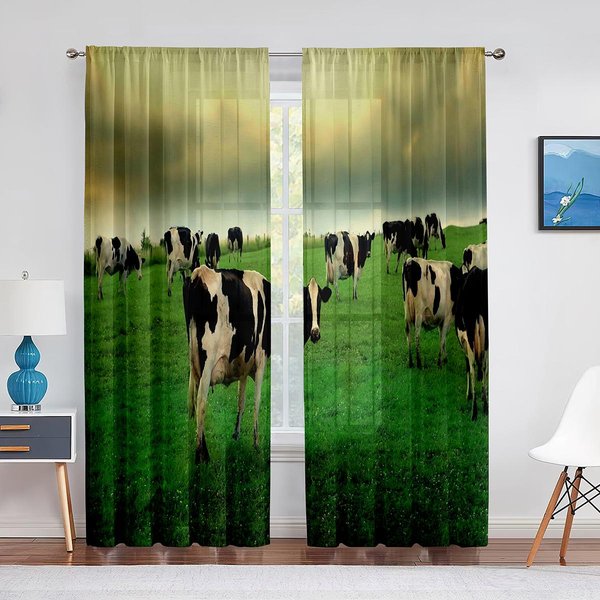 Cortina Transparente De Vaca Lechera Y Leche De Animales De Granja Divertidos Para Sala De Estar Voile Para Estores De Ventana Dormitorio Tul Cortinas De Cocina Cortinas 1 PCS W100Xh250Cm&Grommet Top-image