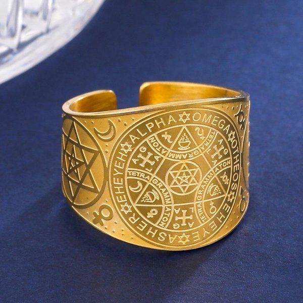 Likgreat PierśCionek Ochronny Amulet Tetragrammaton Pentagram PierśCionki Na Palec Dla MężCzyzn Kobiet Stal Nierdzewna BiżUteria Czarodziejstwo PogańSki Prezent 9 Brown-image