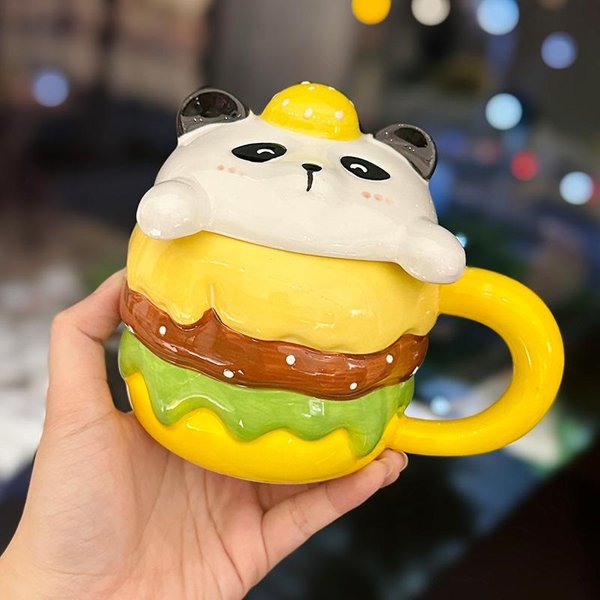 Kreatywny Ceramiczny Kubek Hamburger Z Pokrywką Uroczy KreskóWkowy ZwierząTko Domowy Kubek Do Picia PamiąTka 420Ml-image