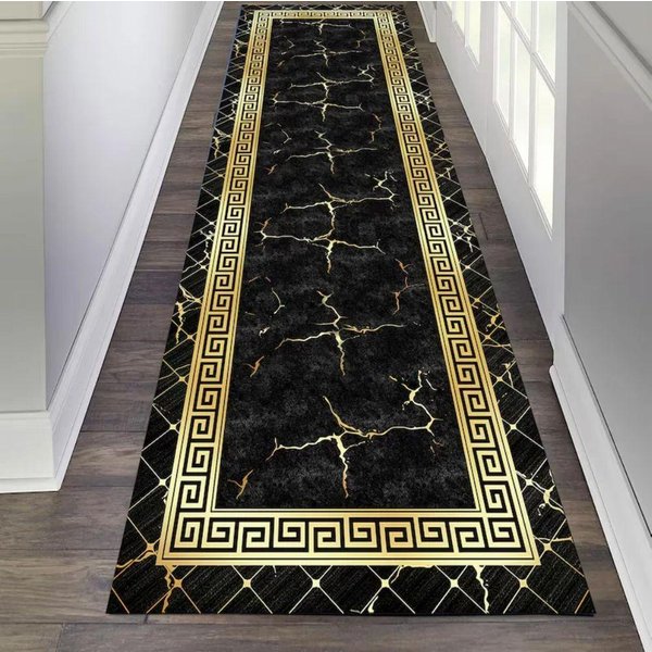 Czarno-ZłOty Marmurowy Dywanik Biegacz PrzedpokóJ WejśCie AntypośLizgowy DłUgi Dywanik Kuchnia Sypialnia Dywan Dekoracja Domu 60X180Cm 24X71Inch-image