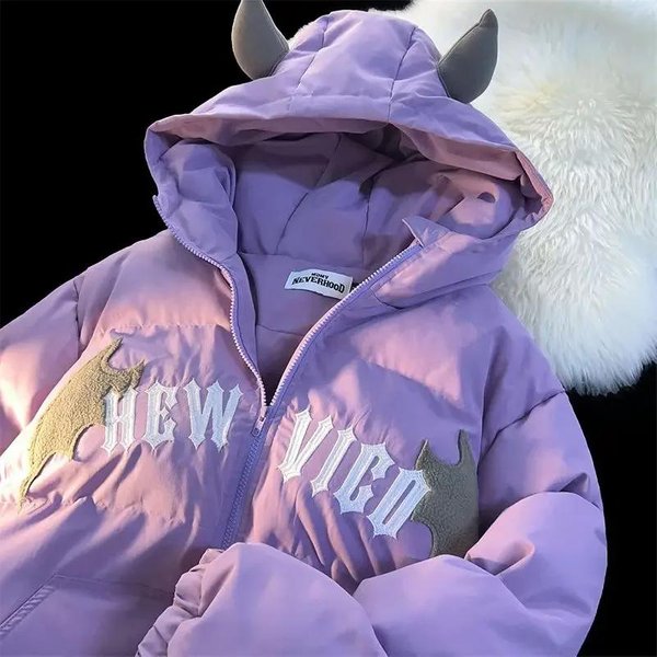 Kurtka Zimowa Devil Bread Clothing Casual Hooded Jacket Haftowana BawełNiana Ocieplana Y2K Kurtki PłAszcze Kurtka L Fioletowy-image