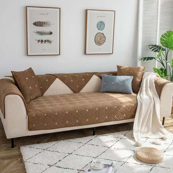 Toalla De Sofá Acolchada De Felpa De Terciopelo De Color SóLido Moderno SúPer Suave Antideslizante Funda De Sofá Seccional Para Sala De Estar Forma L Cubierta De Esquina W70 X L70Cm 1Pc Café-image